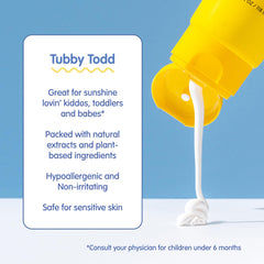 Tubby Todd mineral sunscreen lotion close-up texture shows smooth, non-greasy coverage
