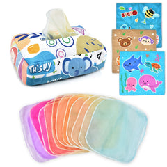 Tuko Baby Tissue Box Toy with crinkle papers boosts tactile exploration.