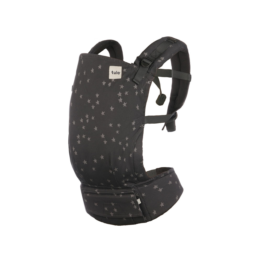 Tula Baby Linen Toddler Carrier Black/Stars, front view with ergonomic support