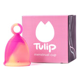 Tulip menstrual cup with ring for easy removal and comfortable insertion.