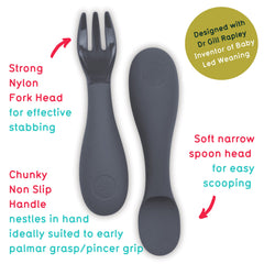 TUM TUM ergonomic handles support growing grasp during meals and practice.