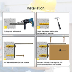 TUPSKY cabinet anti-tip kit installed on furniture shows discreet, hidden safety.