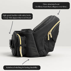 The TushBaby Original hip-seat back view highlights balanced weight distribution for caregivers.