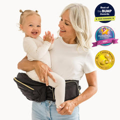 The TushBaby Original hip-seat nursing support image shows hands-free feeding potential.