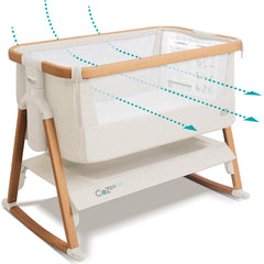 Tutti Bambini CoZee Air bassinet assembled in walnut and ecru for bedside use.