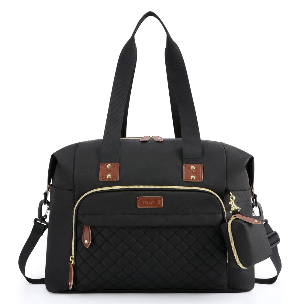 Tuwubi diaper bag tote front view with open main compartment for quick access.