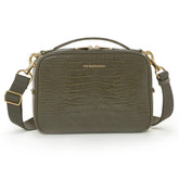 TWELVElittle Luxe Diaper Clutch Olive Croc crossbody, hands-free organization.