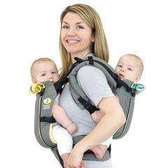 TwinGo Air Model in cool grey worn as a two-baby tandem carrier for comfort and versatility