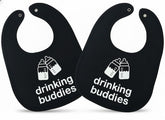 Twinstuff Drinking Buddies Bibs flatlay shows soft cotton and twin design for mess-free meals