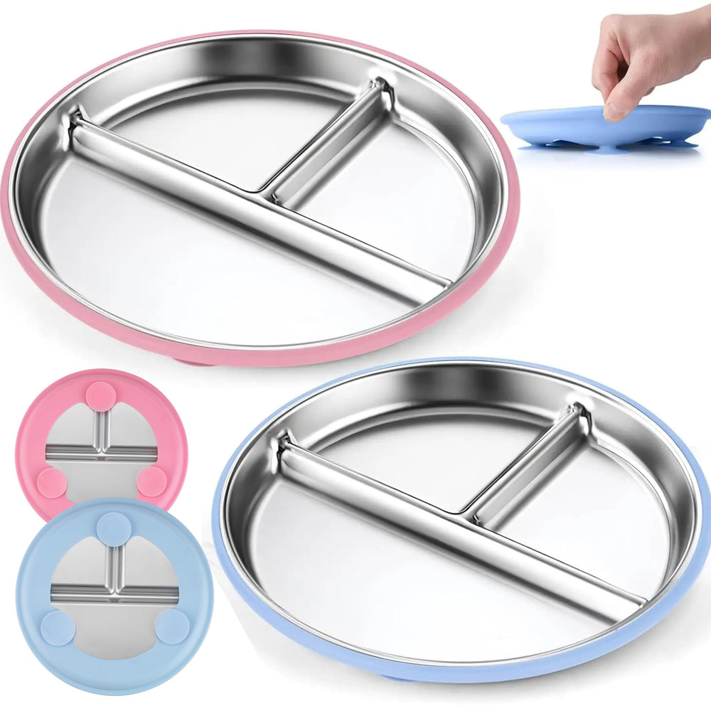 TwoSet stainless toddler plates with suction for 9-inch meals, keeps foods separated