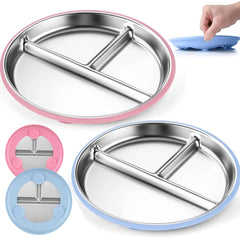 TwoSet stainless toddler plates with suction for 9-inch meals, keeps foods separated