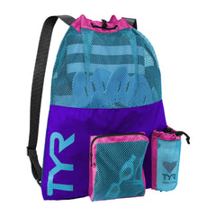 TYR big mesh mummy backpack main compartment for organized swim gear access.
