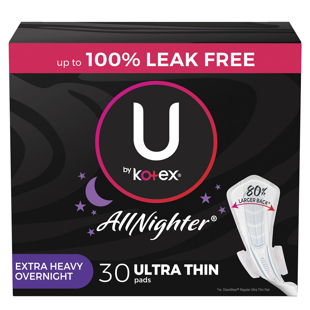 U by Kotex AllNighter overnight pad with wings packaging shows vibrant colors for discreet all-night protection