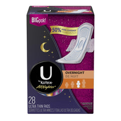 U by Kotex AllNighter overnight pad with wings, neatly packaged for easy use and travel.