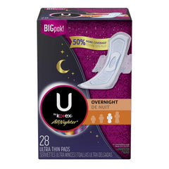 U by Kotex AllNighter overnight pad with wings for secure overnight protection.