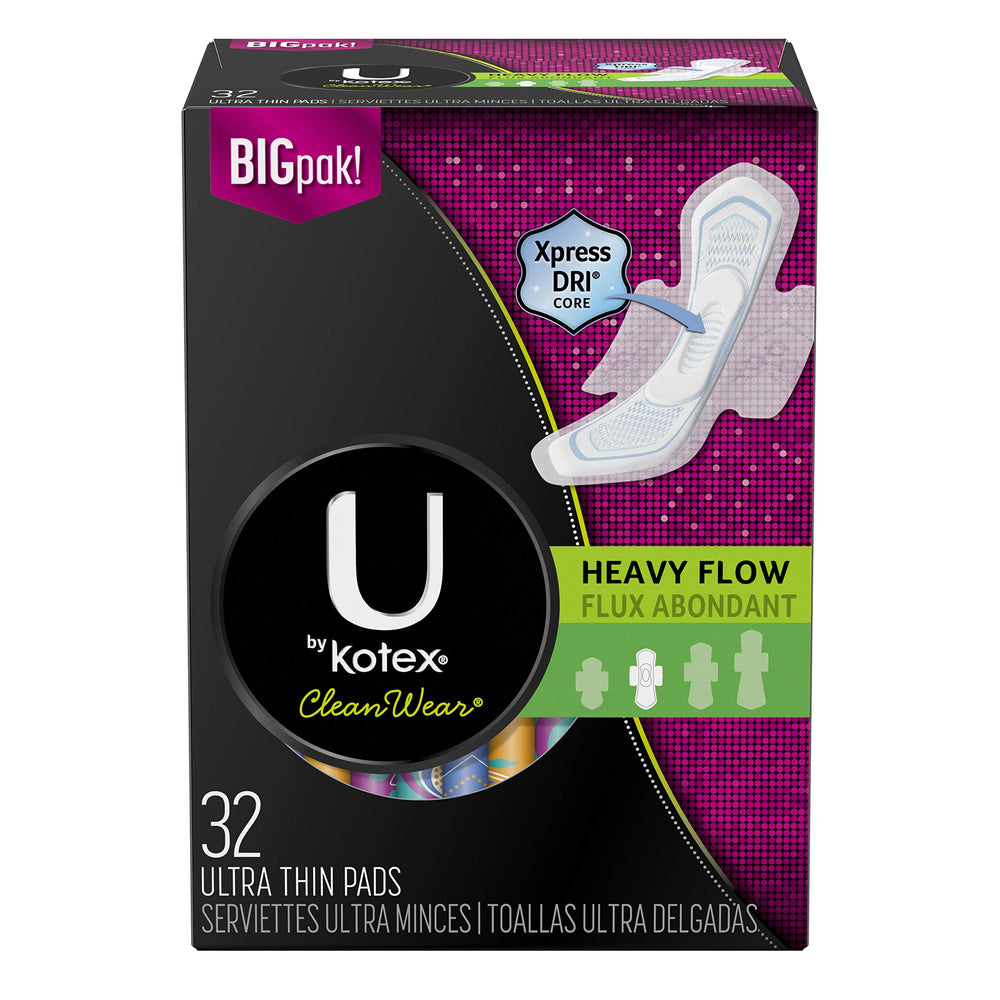 U by Kotex CleanWear Ultra Thin Pads with Wings show heavy-flow coverage and quick absorption