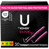 U by Kotex Click compact tampon regular absorbency; pocket-friendly on-the-go protection.
