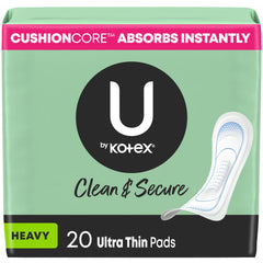 U by Kotex Ultra Thin Pads pack closeup highlights Clean & Secure design for daily protection.