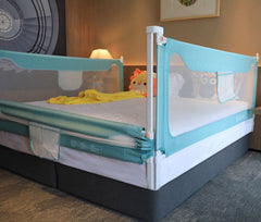 U/D bed rails side view in green, extra-long protection for large beds.