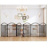 UDD metal folding dog gate extended to 144 inches for wide openings.