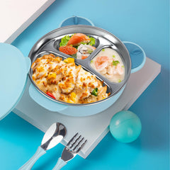 ufengke suction plate with lid blue prevents spills and covers leftovers.