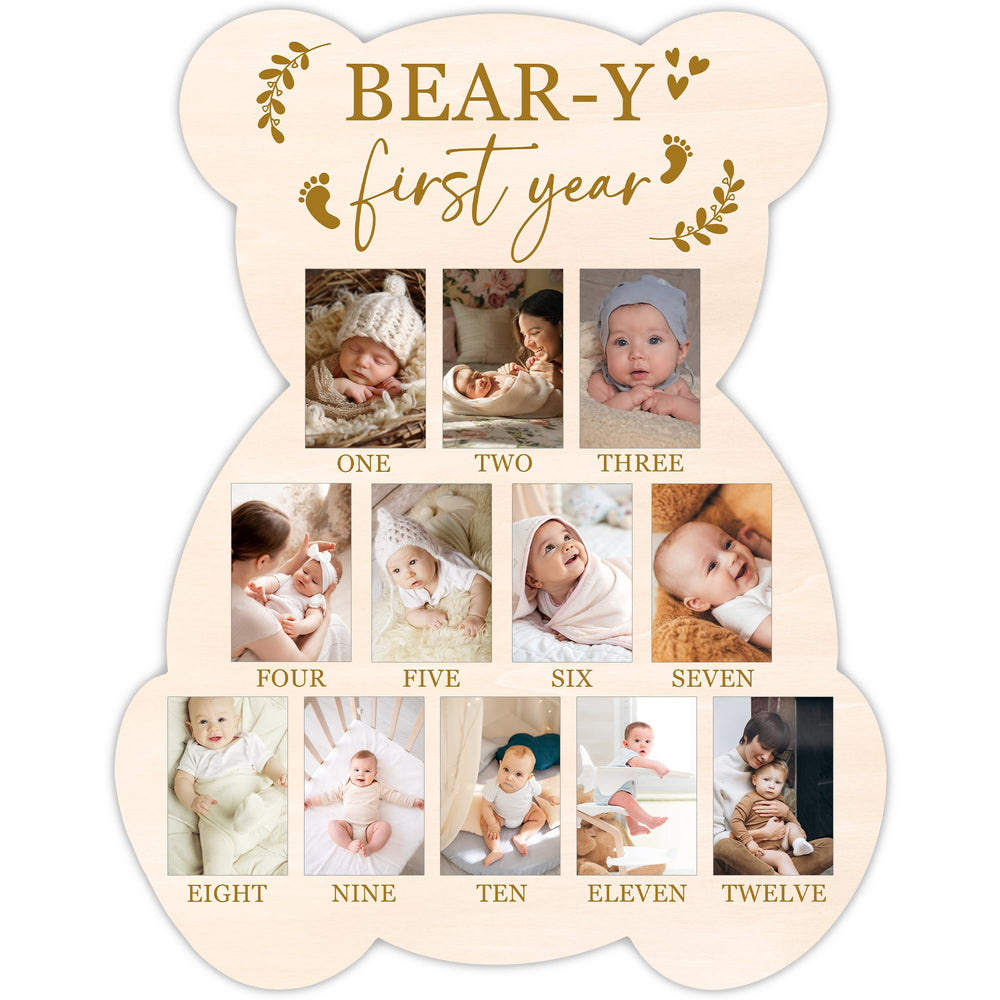 UIBOVA Bear My First Year Photo Board setup for 12–13 photos on a wood frame