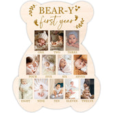 UIBOVA Bear My First Year Photo Board setup for 12–13 photos on a wood frame
