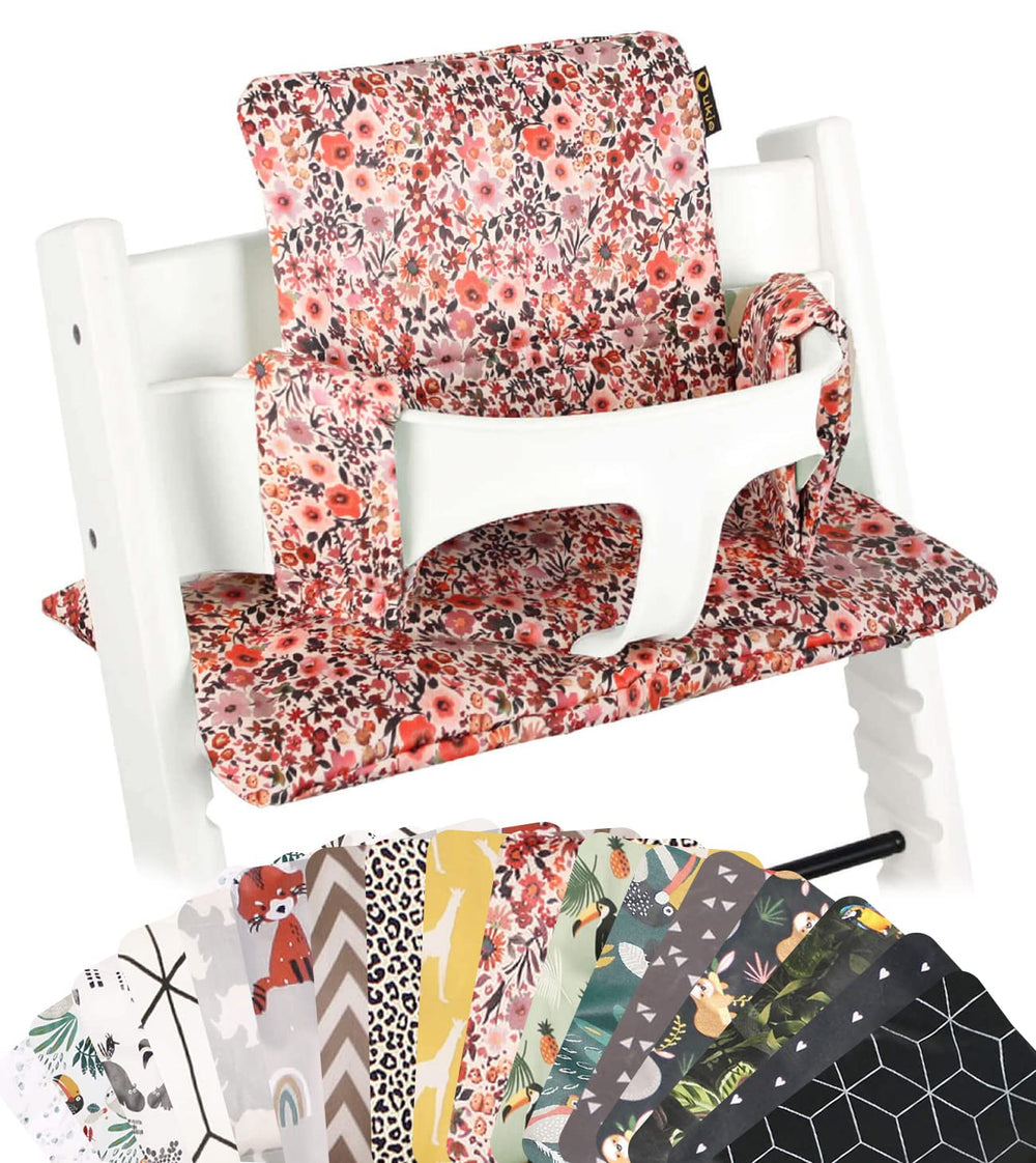 UKJE pink flowers cushion on Stokke Tripp Trapp adds cozy seating for mealtime.