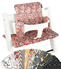 UKJE pink flowers cushion on Stokke Tripp Trapp adds cozy seating for mealtime.