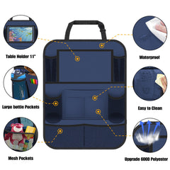 ULEEKA car seat organizer with multiple pockets stores drinks, toys, and books.