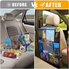 Ten front pockets keep drinks, toys, and supplies within reach.