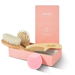 Ullabelle pink wooden baby brush featuring ultra-soft goat hair for gentle scalp care.