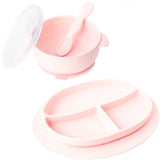 Ullabelle pink toddler plates and bowls front view for mess-free meals.
