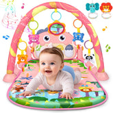 UMIKU pink dinosaur play mat arch with bright colors for tummy time and grabbing practice.