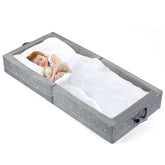 Umoving foldable toddler bed with compact fold for easy travel.