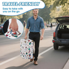 Umoving travel bed folds into a compact size for travel.