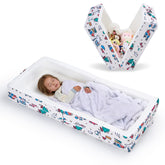 Umoving travel bed with built-in rails for secure sleep.