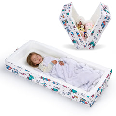 Umoving travel bed with built-in rails for secure sleep.