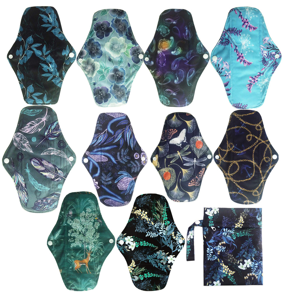 Unbranded 10-inch reusable cloth pad laid flat for full coverage and comfort.