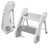 UNCLE WU foldable two-step stool beside bathroom sink for easy hand washing.