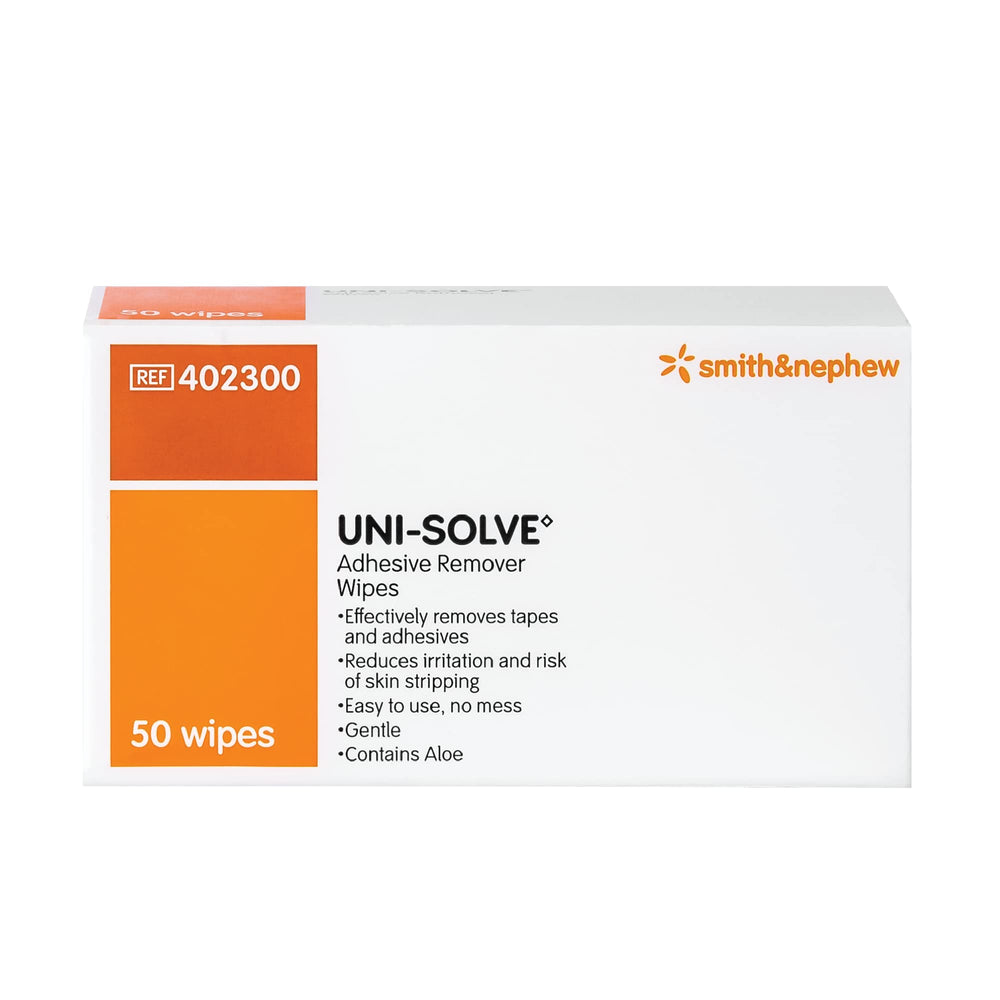 Uni Solve adhesive remover wipe 50-pack front view for gentle residue removal