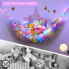 Unicorn Castle corner toy storage hammock keeps plush toys off the floor.