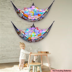 Unicorn Castle LED light string provides gentle illumination for toy organization.