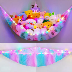 Unicorn Castle stuffed animals hammock in pink-blue-purple stores plush toys neatly.
