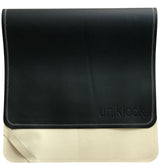 Uniklook portable changing pad in black cream vegan leather, ideal for travel diaper changes.