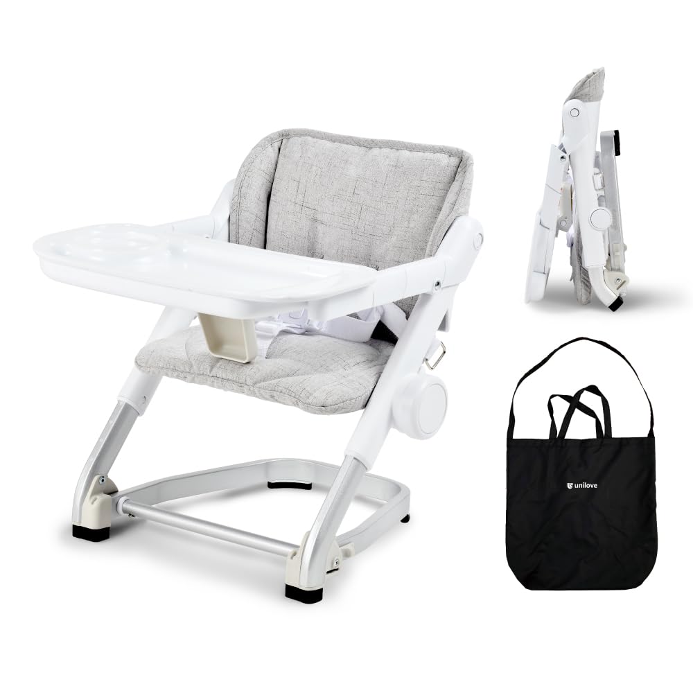 Unilove Feed Me 3-in-1 high chair setup showing growth from infancy to toddler seating.