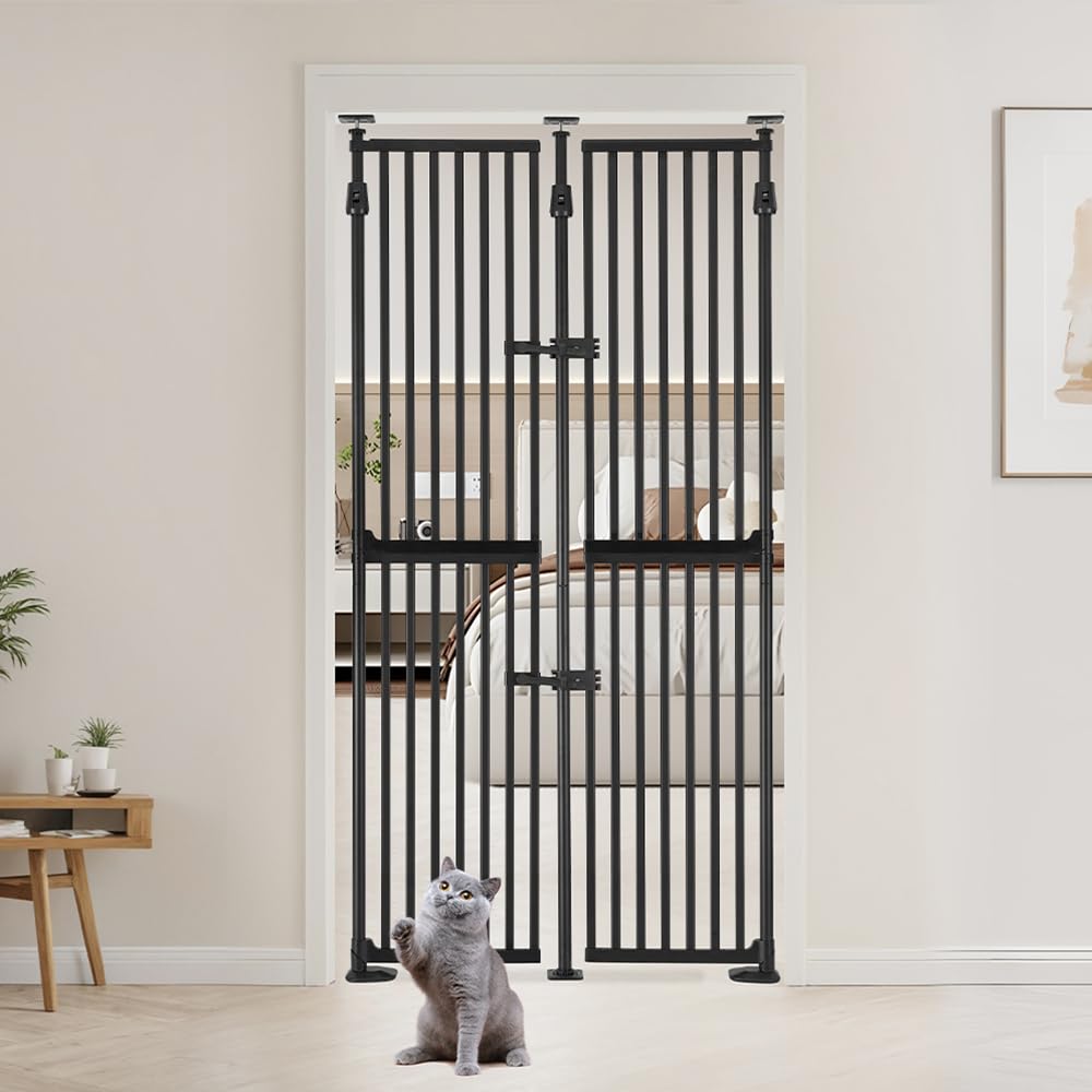 Unipaws 75-inch cat gate installed in a doorway for pet containment.