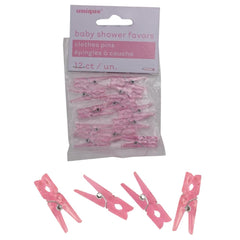 Unique bright pink clothespins add color to baby showers.