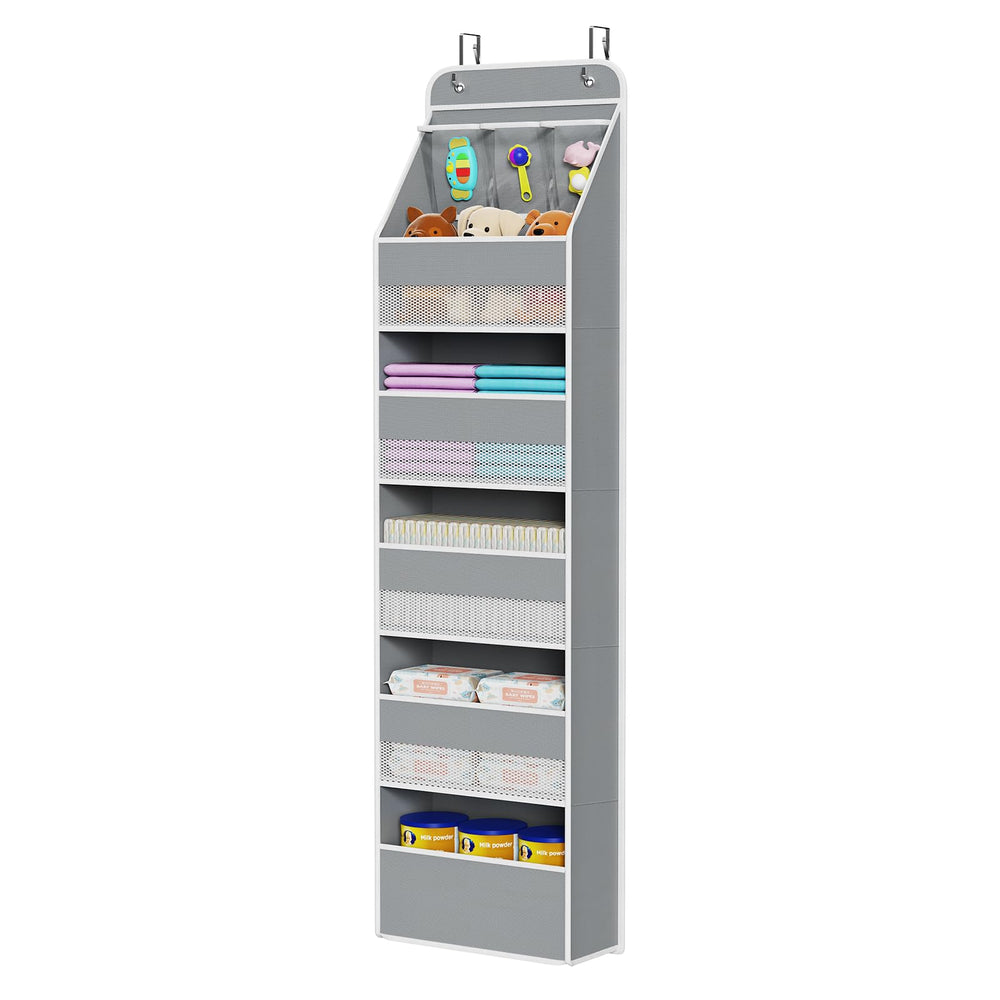 Univivi 6-shelf over door organizer in grey for nursery storage and easy access.