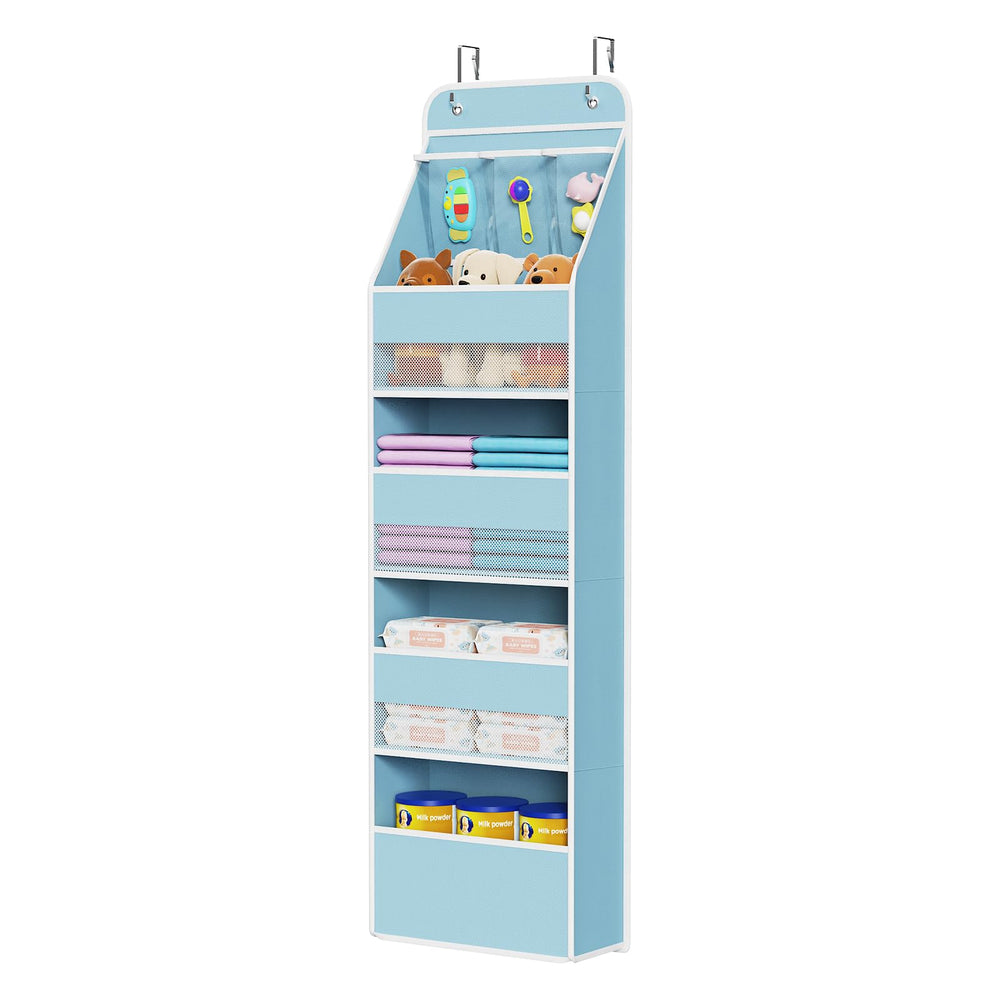 Univivi over-door organizer in blue, front view showing accessible pockets for baby items